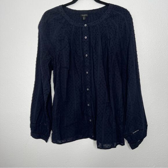 Talbots Navy Blue Swiss Dot Cotton Long Sleeve Button Down Blouse Women's size L - Picture 1 of 5